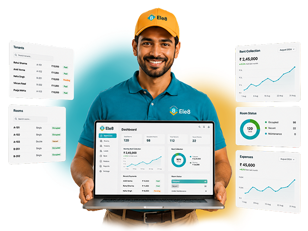 Ele8 operator presenting a laptop dashboard with tenant, room, rent and expense reports